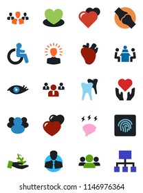 Color and black flat icon set - disabled vector, team, brainstorm, heart, hand, real, tooth, eye, joint, client, group, fingerprint id, meeting, palm sproute, shining head, hierarchy