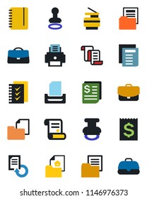 Color and black flat icon set - stamp vector, contract, notepad, document, reload, receipt, folder, case, checklist, printer, paper tray, copier, estate