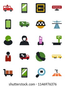 Color and black flat icon set - runway vector, taxi, airport bus, mobile phone, ambulance car, office, support, cargo, heavy scales, search, call, scanner, moving, waiter, reserved, warm floor