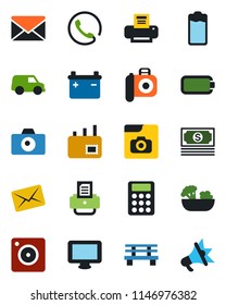Color and black flat icon set - camera vector, mail, printer, bench, cash, monitor, battery, mobile, photo gallery, calculator, phone, salad, car, advertising