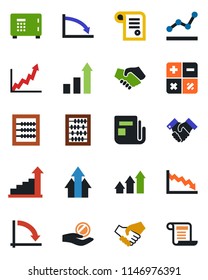 Color and black flat icon set - safe vector, growth statistic, calculator, abacus, crisis graph, news, point, handshake, arrow up, investment, contract