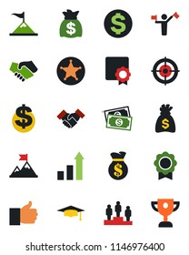 Color and black flat icon set - dispatcher vector, growth statistic, dollar sign, pedestal, graduate, money bag, cash, finger up, sertificate, target, handshake, police, motivation, award cup