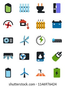 Color and black flat icon set - ripper vector, battery, rca, charge, heater, air conditioner, fridge, home control, power plug, water, radiator, warm floor, windmill