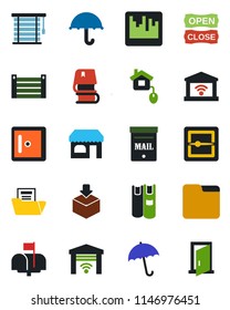 Color and black flat icon set - umbrella vector, shop, checkroom, container, package, scanner, folder, document, book, mailbox, open close, home control, jalousie, garage gate, door