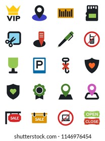 Color and black flat icon set - parking vector, no mobile, laptop, vip, plant label, heart shield, navigation, pin, fragile, hook, barcode, sd, cut, sertificate, pen, sale, open close