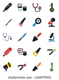 Color and black flat icon set - trowel vector, pruner, saw, stethoscope, blood pressure, thermometer, heart diagnostic, microscope, scalpel, microphone