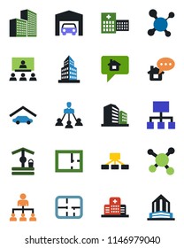 Color and black flat icon set - hierarchy vector, well, molecule, hospital, office building, garage, plan, home message