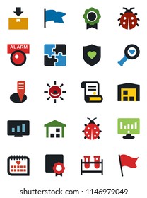 Color and black flat icon set - statistic monitor vector, contract, lady bug, plant label, blood test vial, heart diagnostic, shield, medical calendar, warehouse, package, application, sertificate
