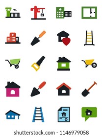 Color and black flat icon set - airport building vector, trowel, shovel, ladder, wheelbarrow, saw, house, hospital, with garage, plan, estate document, sweet home, crane, message