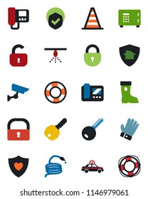 Color and black flat icon set - alarm car vector, border cone, safe, lock, glove, boot, hose, heart shield, key, intercome, home protect, surveillance, sprinkler, crisis management