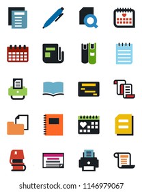 Color and black flat icon set - contract vector, book, pen, notepad, document, calendar, printer, medical, folder, news, copybook, search, schedule