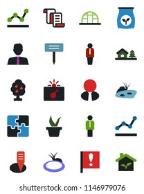Color and black flat icon set - bomb in case vector, manager, contract, seedling, plant label, greenhouse, pond, fertilizer, important flag, application, point graph, house with tree, fruit, eco