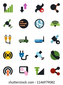 Color and black flat icon set - satellite vector, network, share, rca, call, data exchange, cellular signal, wireless, power plug, router, home control app, social media