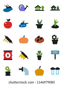 Color and black flat icon set - flower in pot vector, seedling, watering can, sproute, plant label, pumpkin, seeds, pond, oil barrel, house with tree, rolling pin, apple fruit, water filter