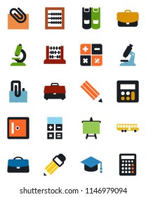Color and black flat icon set - airport bus vector, checkroom, book, calculator, graduate, abacus, presentation board, microscope, case, paper clip, pencil