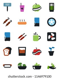 Color and black flat icon set - hot cup vector, seedling, plant label, diet, fridge, drink, phyto bar, salad, bread, kebab, dog, fan, palm sproute