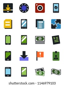 Color and black flat icon set - mobile phone vector, identity card, document, important flag, cash, cell, camera, download, application, restaurant receipt, home control app