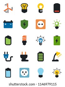 Color and black flat icon set - bulb vector, battery, low, protect, desk lamp, windmill, socket, power plug, energy saving, idea