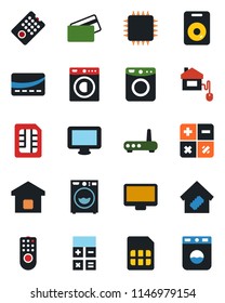 Color and black flat icon set - calculator vector, monitor, speaker, sim, washer, smart home, credit card, control, chip, remote, router