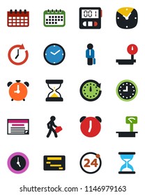 Color and black flat icon set - 24 around vector, alarm clock, calendar, heavy scales, stopwatch, manager, schedule, sand