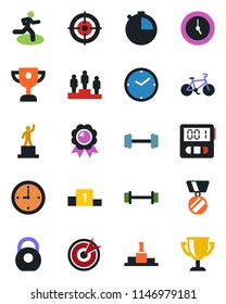 Color and black flat icon set - pedestal vector, medal, barbell, bike, run, heavy, clock, stopwatch, target, award cup