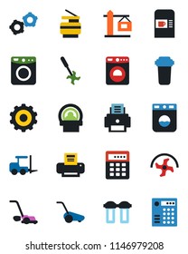 Color and black flat icon set - coffee machine vector, washer, fork loader, gear, ripper, lawn mower, tomography, printer, copier, crane, water filter, combination lock