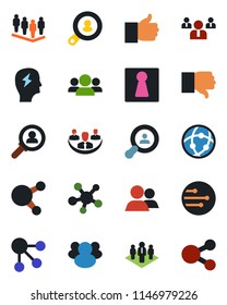 Color and black flat icon set - female vector, team, brainstorm, share, group, finger up, down, network, company, client search, consumer, social media