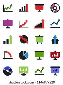Color and black flat icon set - growth statistic vector, presentation board, crisis graph, monitor, circle chart, bar, pie, point, arrow up