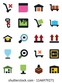 Color and black flat icon set - baggage trolley vector, fragile, cargo, warehouse storage, up side sign, no, hook, package, search, scanner, blank box
