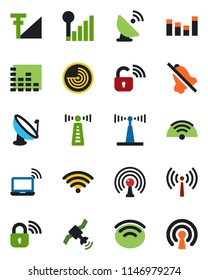 Color and black flat icon set - antenna vector, wireless notebook, radar, satellite, equalizer, mute, cellular signal, lock