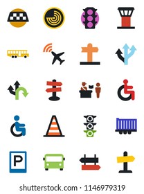 Color and black flat icon set - airport tower vector, plane radar, taxi, bus, parking, passport control, signpost, border cone, disabled, route, traffic light, truck trailer, guidepost