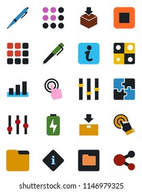 Color and black flat icon set - package vector, sorting, settings, touch screen, stop button, menu, folder, charge, application, pen, information, social media