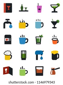 Color and black flat icon set - hot cup vector, coffee machine, water supply, alcohol, wine card, drink, cocktail, phyto bar, beer, turkish