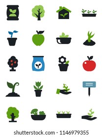 Color and black flat icon set - flower in pot vector, seedling, tree, sproute, plant label, fertilizer, fruit, salad, apple, eco house, palm