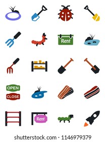 Color and black flat icon set - job vector, garden fork, shovel, lady bug, caterpillar, pond, rack, rent, bacon, open close, rocket