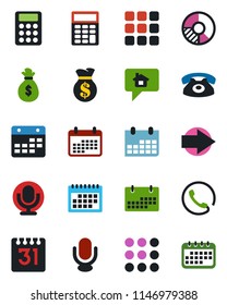 Color and black flat icon set - right arrow vector, calendar, circle chart, microphone, menu, calculator, phone, home message, money bag