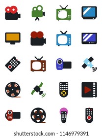 Color and black flat icon set - reel vector, satellite, tv, video camera, remote control, monitor