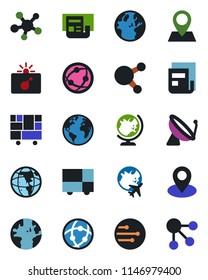 Color and black flat icon set - satellite antenna vector, bomb in case, globe, plane, earth, pin, consolidated cargo, network, share, news, social media