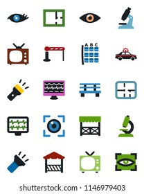 Color and black flat icon set - barrier vector, tv, alarm car, seat map, bench, monitor pulse, microscope, eye, torch, plan, alcove, scan