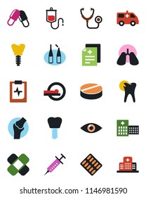 Color and black flat icon set - diagnosis vector, stethoscope, syringe, dropper, pills, blister, ampoule, patch, tomography, ambulance car, lungs, caries, implant, eye, joint, pulse clipboard