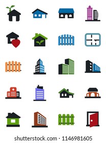 Color and black flat icon set - office building vector, fence, house, hospital, with garage, plan, sweet home, city, cafe, eco, door