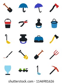 Color and black flat icon set - umbrella vector, baggage larry, job, shovel, farm fork, bucket, pruner, axe, scalpel, fragile, stamp, ladle, case, hard work