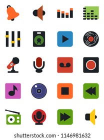 Color and black flat icon set - vinyl vector, microphone, radio, speaker, settings, equalizer, play button, stop, fast forward, rewind, bell, record, music, sound