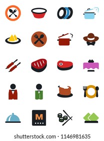 Color and black flat icon set - spoon and fork vector, waiter, dish, restaurant table, serviette, cafe, menu, plates, dress code, chicken, steak, kebab, bowl, steaming pan, sushi