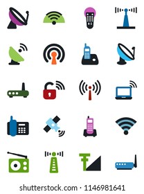 Color and black flat icon set - antenna vector, satellite, wireless notebook, office phone, radio, remote control, cellular signal, lock, router