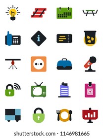 Color and black flat icon set - trash bin vector, ticket, lock, picnic table, office phone, consolidated cargo, microphone, calendar, identity card, paper tray, tv, city house, cafe, socket, idea