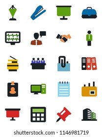 Color and black flat icon set - manager vector, handshake, speaking man, pennant, notepad, presentation board, meeting, monitor pulse, calculator, drawing pin, paper clip, binder, copier, stapler