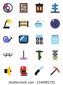 Color and black flat icon set - calculator vector, abacus, notepad, tie, circle chart, rake, watering can, garden knife, picnic table, traffic light, rack, vinyl, tv, desk lamp, book, steaming pan