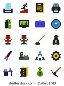 Color and black flat icon set - gear vector, case, money bag, saw, hoe, clock, monitor statistics, office phone, chair, checklist, manager desk, printer, paper tray, hierarchy, contract, book