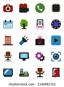 Color and black flat icon set - phone vector, bomb in case, office chair, document, calendar, tree, camera, tv, video, monitor, play button, mobile, settings, torch, city house, chip, eye scan, door